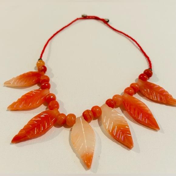 Elegant Carnelian Beaded Orange Carved Leaf Pendants Necklace